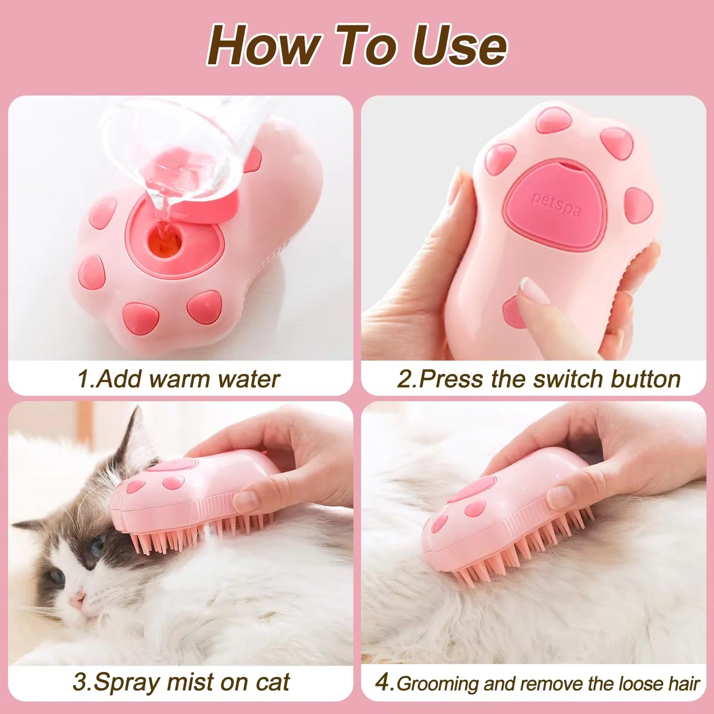 3-in-1 Steamy Pet Grooming Brush – Electric Steam, Massage & De-shedding Tool for Dogs & Cats